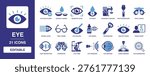 Eye solid vector glyph icon set including eye healthcare, contact lenses, retinal scan, vision chart, laser surgery, eye examination, and diagnostic imaging icons.