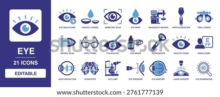 Eye solid vector glyph icon set including eye healthcare, contact lenses, retinal scan, vision chart, laser surgery, eye examination, and diagnostic imaging icons.