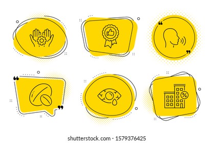 Ð¡onjunctivitis eye, Soy nut and Loan house signs. Chat bubbles. Human sing, Employee hand and Positive feedback line icons set. Talk, Work gear, Award medal. Optometry clinic. Business set. Vector