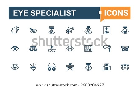 Eye Specialist modern icon set. Includes symbols for sight, eyesight, care, vision, hospital, focus and more. Optician line icon set. Outline icons collection. Vector line and solid icons.