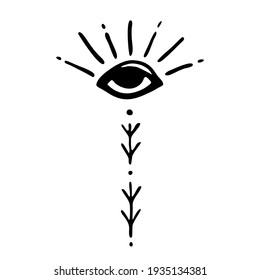 Eye. Spiritual eye, mystical element, ethnic pattern. Hand-drawn. Doodle, sketch, icon, tattoo. Single element. Vector illustration for modern designs, prints, posters. On a white background.