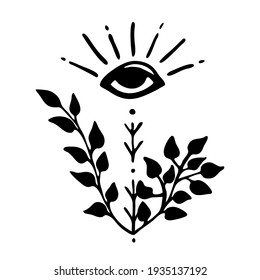 Eye. Spiritual eye, mystical element, ethnic pattern, plant branches. Hand-drawn. Doodle, sketch, tattoo. Single element. Vector illustration for modern designs, prints, posters. On a white background