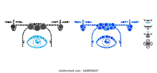 Eye spy drone composition of filled circles in variable sizes and color tinges, based on eye spy drone icon. Vector filled circles are united into blue mosaic.