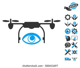 Eye Spy Drone icon with bonus options images. Vector illustration style is flat iconic symbols, blue and gray colors, white background.