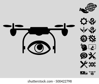 Eye Spy Drone icon with bonus service graphic icons. Vector illustration style is flat iconic symbols, black color, light gray background.