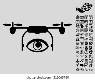 Eye Spy Drone icon with bonus calendar and time management clip art. Vector illustration style is flat iconic symbols, black color, light gray background.