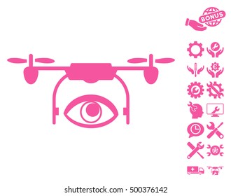 Eye Spy Drone pictograph with bonus settings clip art. Vector illustration style is flat iconic symbols, pink color, white background.
