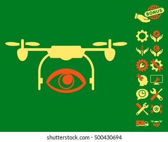Eye Spy Drone pictograph with bonus configuration images. Vector illustration style is flat iconic symbols, orange and yellow colors, green background.