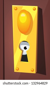 Eye Spying Behind Door Keyhole/ Illustration of a funny cartoon eye staring and spying from behind door lock keyhole