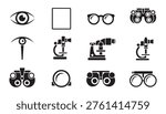 Eye, square, glasses, phoropter, slit lamp, microscope icons, optical and science tools.