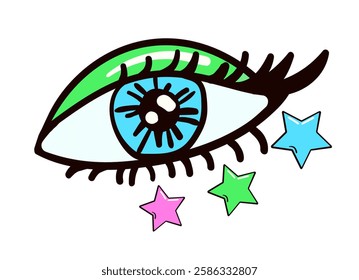 Eye with stars sticker isolated on white. Bright cartoon pop trendy art. Vector cartoon hand drawn simple flat icon or retro symbol of 80s. Hand drawn bright old funky style