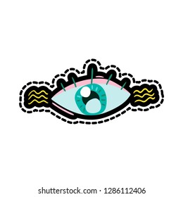 Eye stitched frame illustration. Good morning vector sticker, patch. Dash line flat color drawing