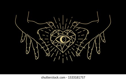 Eye Of The Stone Heart With Hand, Magic Heart, Hand And Eye Gold Logo, Spiritual Guidance Tarot Reader Design. Decorative Illustration Tattoo