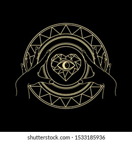 Eye Of The Stone Heart With Hand, Magic Heart, Hand And Eye Gold Logo, Spiritual Guidance Tarot Reader Design. Decorative Illustration Tattoo