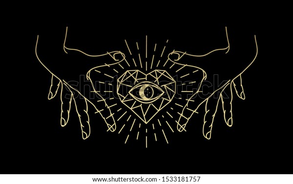石の心と手の目 魔法の心 手と目の金色のロゴ 霊的ガイダンスタロットリーダーデザイン 装飾的なイラストの入れ墨 のベクター画像素材 ロイヤリティフリー
