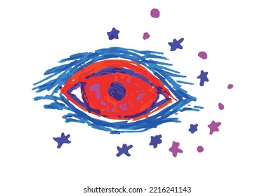 eye stylized bright colored neon pens markers red orange blue purple asterisks eyelid pupil eyelashes vector shape element detail isolated funny sketch freehand drawing pen ink doodle simple fast kids