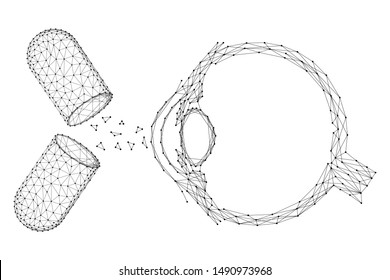 The eye and the substance of the open capsules pills existing medical concept from abstract futuristic polygonal black lines and dots. Vector illustration.