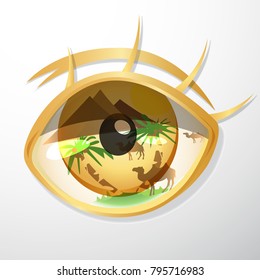 eye Summer time,vacation,travel and tourism concept.Dream about vacation.Paper art carved to Golden Eye with palm,pyramid, camel.Icon,symbol,emblem,logo,background,banner.