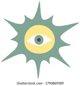 Eye and sun. All-seeing eye. Heavenly body. Vector illustration. Isolated white background. Boho style. Magic symbol of clairvoyance. Ultra-violet rays. Idea for web design, sticker. Day star. Pastel.