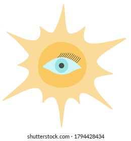 Eye and sun. All-seeing eye. Heavenly body. Vector illustration. Isolated white background. Boho style. Magic symbol of clairvoyance. Ultra-violet rays. Idea for web design, sticker. Day star. 