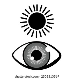 Eye and sun icon in grey scale isolated on white background.