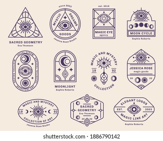 Eye, Sun and Moon abstract logo set, branding design template, trendy line art minimal style. Vector illustration. Geometric Alchemy Symbol, Occult and Mystic Sign, Sacred Geometry