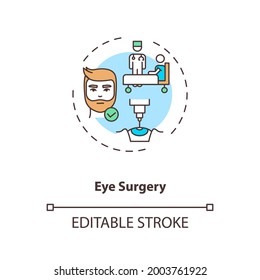 Eye surgery concept icon. Eye diseases treatment methods. Surgery performed on eye or its adnexa idea thin line illustration. Vector isolated outline RGB color drawing. Editable stroke