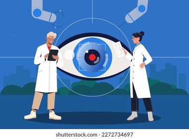 Eye surgery concept. Man and woman with medical instruments correct retina of eye. Cornea laser procedure and care. Doctors perform optometry and retinal diagnostics. Cartoon flat vector illustration