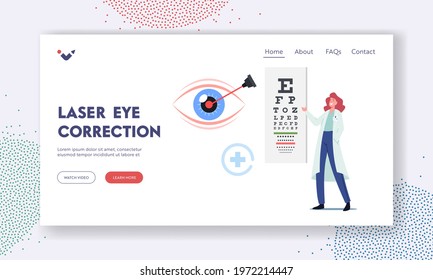 Eye Surgery Landing Page Template. Laser Correction of Myopia or Nearsightedness Diseases, Oculist Doctor Character Stand front of Huge Snellen Chart for Vision Test. Cartoon Vector Illustration