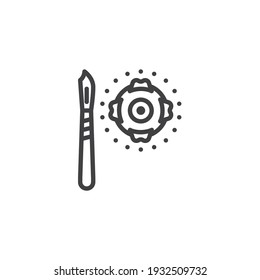 Symbol für Augenoperationen. Visuelle Korrektur lineare Stilzeichen für mobiles Konzept und Webdesign. Das menschliche Auge und die Skalpelle bilden ein Vektorsymbol. Symbol, Logo-Abbildung. Vektorgrafik