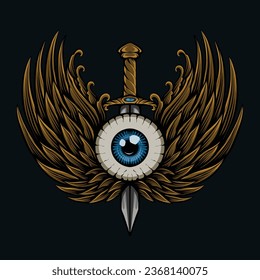 eye with eye sword Isolated vector illustration. Conspiracy theory. Drawing tattoo art.