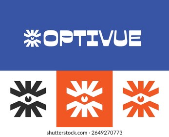 Eye symbol with abstract rays in bold geometric form for the Optivue brand. Perfect for vision, security, or optical-focused companies.