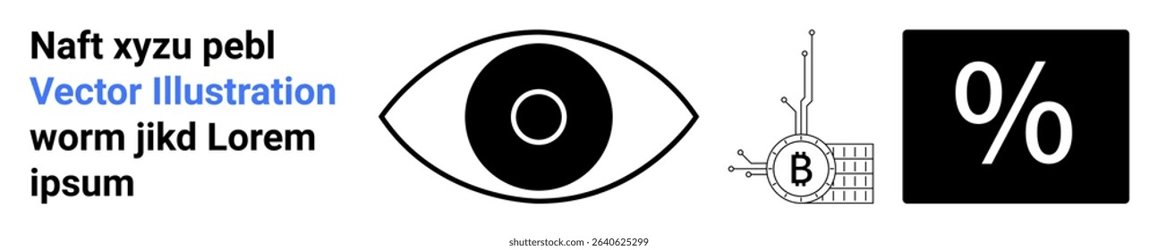 Eye symbol, Bitcoin circuit connection, percentage symbol in black square. Ideal for finance, marketing, technology, cryptocurrency, data analysis, graphic design, educational materials. Landing page