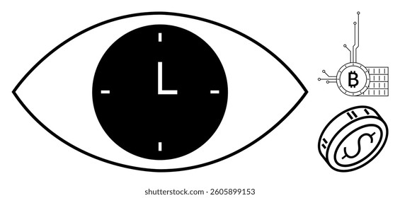 Eye symbol with a clock in the center. Next to it, a Bitcoin symbol interconnected with circuitry and a traditional dollar coin are seen. Ideal for finance, cryptocurrency, technology, blockchain
