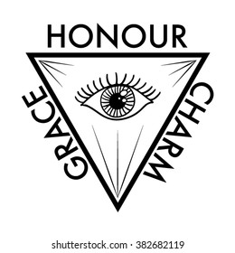 Eye symbol in triangle shape with text in vector