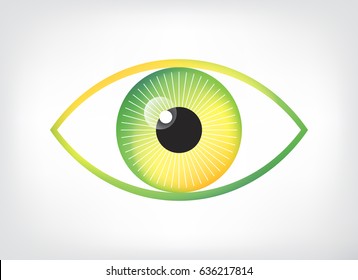 Eye symbol vector logo design. Colorful gradient spectrum circle in an iris with a black pupil. Digital vision icon with green, yellow, orange.
