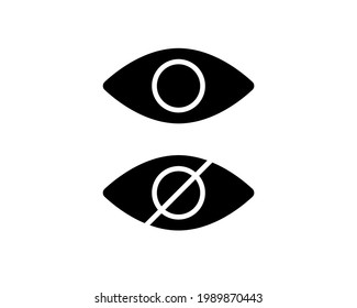 Eye Symbols As Show, Hide, Visible, Invisible, Public, Private Icons. Isolated Black Eye Icon On White.Vision Icon With Prohibited Sign.