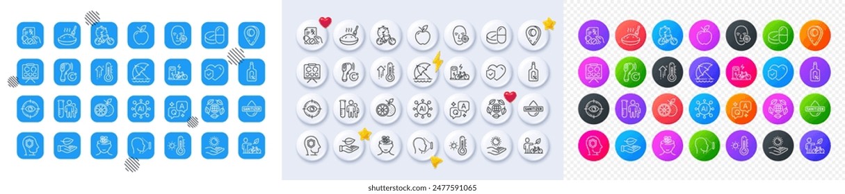 Eye target, Beach umbrella and Sun protection line icons. Square, Gradient, Pin 3d buttons. AI, QA and map pin icons. Pack of Hand sanitizer, Porridge, Life insurance icon. Vector