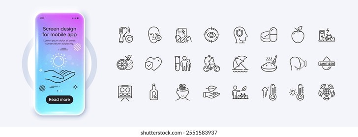 Eye target, Beach umbrella and Sun protection line icons for web app. Phone mockup gradient screen. Pack of Hand sanitizer, Porridge, Life insurance pictogram icons. Vector