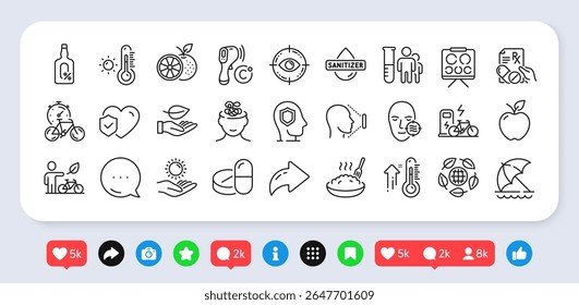 Eye target, Beach umbrella and Sun protection line icons pack. Social media: share, comment, like icons. Hand sanitizer, Porridge, Life insurance web icon. Vector