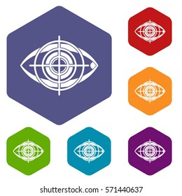 Eye and target icons set rhombus in different colors isolated on white background