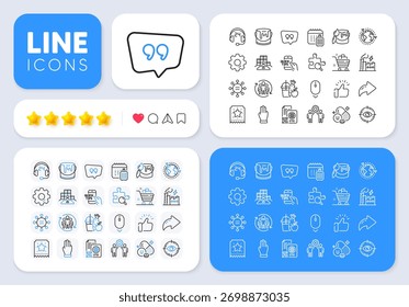 Olho alvo, Rolar para baixo e três dedos linha ícones para aplicativo Web. Ícones de Mensagem, Compartilhamento, Como nas mídias sociais. Pacote de educação, quebra-cabeça de pesquisa, ícones de pictograma de cesta de supermercado. Vetor