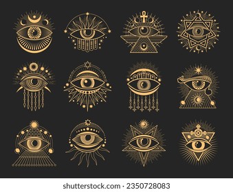 Eye tattoo occult and esoteric symbols. Mason and magic tarot signs. Horus all seeing eye, magic tarot tattoo, mason illumunati occult vector symbols set with Eye of Providence, pyramid, pentagram