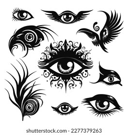 Eye tattoo. Eye and wings sign. Black silhouette isolated on white background. Vector image.