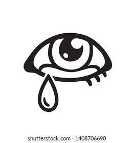 Eye with tear black and white drawing. Hand drawn crying human eye and teardrop doodle. Isolated vector illustration.