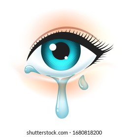 Eye with tears. Crying girl eye vector illustration, sad female tears, irritable tearful woman teared drops
