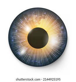 Eye of technology concept, Earth in the middle of blue world eye shape on a white background. Vector illustration.