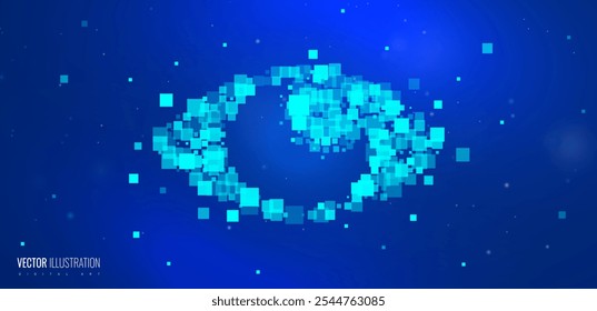tecnologia dos olhos, dados do sistema, fundo do ciberespaço. A silhueta do olho consiste em pontos em um fundo escuro da noite