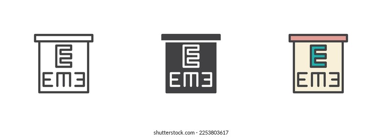 Eye test chart different style icon set. Line, glyph and filled outline colorful version, outline and filled vector sign. Symbol, logo illustration. Vector graphics