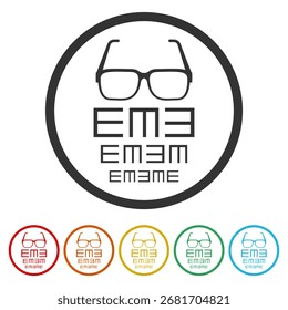 Eye test chart icon. Set icons in color circle buttons